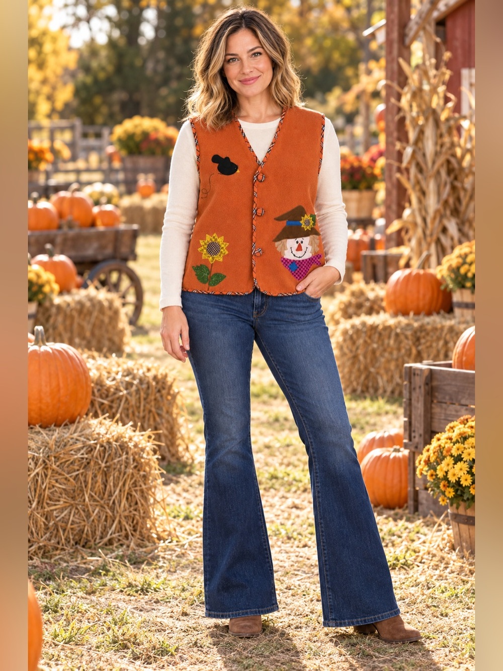 Vintage Collections Etc. Scarecrow Sunflower Fall Fleece Vest Orange Size M